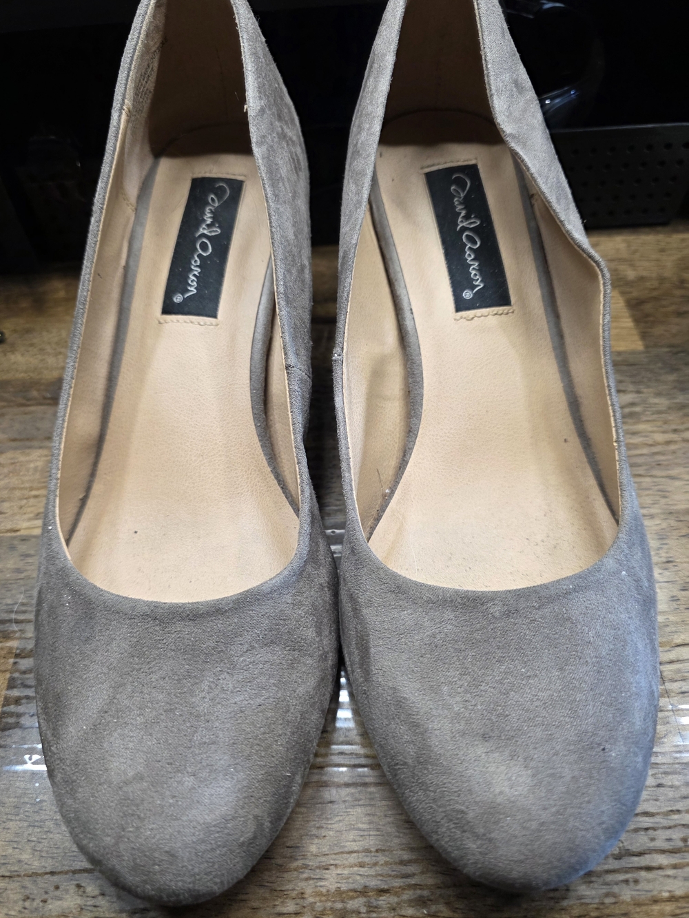 David Aaron Taupe Suede Wedge Pumps